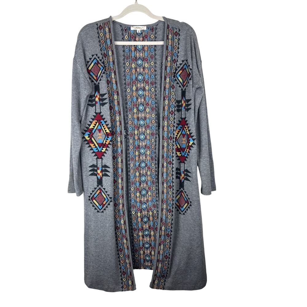 Andree by UNIT Bohemian Tribal Embroidered Open Long Line Cardigan Duster Size S - Picture 1 of 10